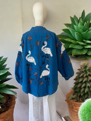 Mavi Renkli Flamingo Desenli Kimono