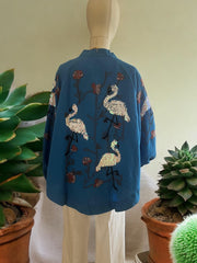 Mavi Renkli Flamingo Desenli Kimono